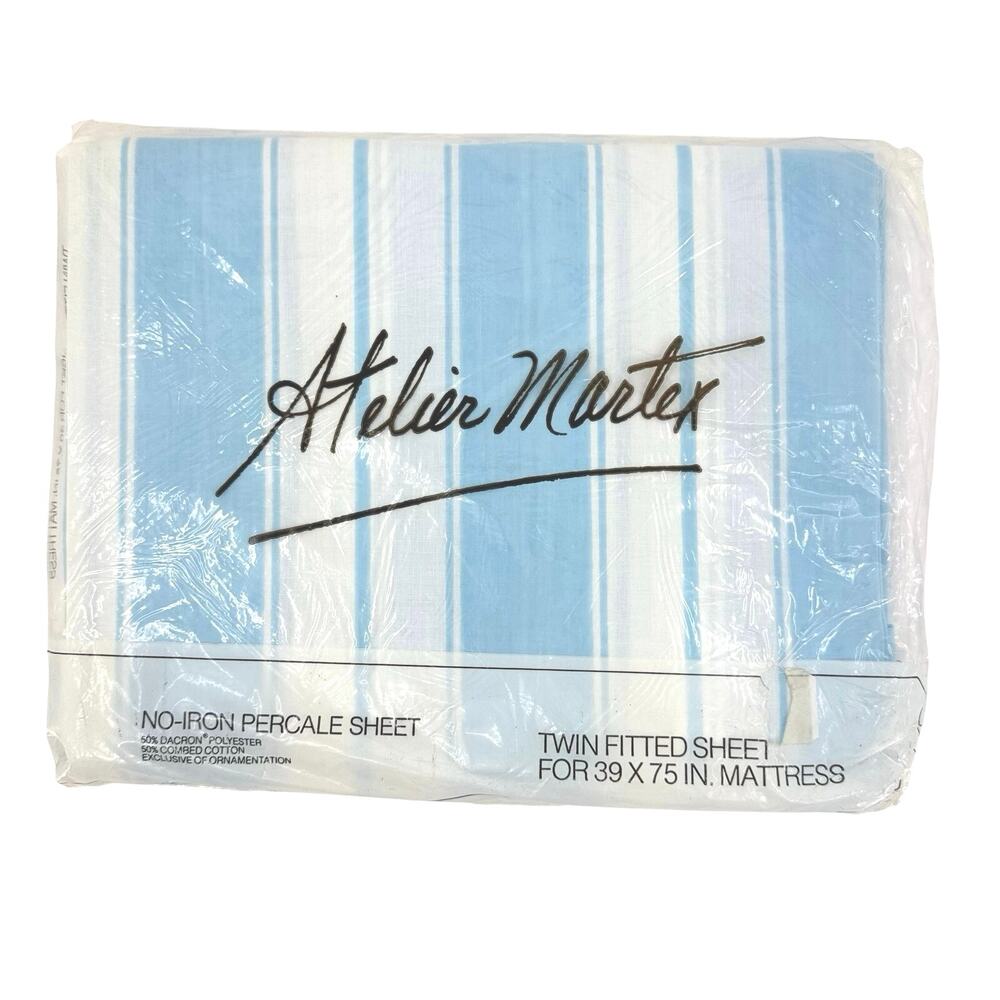 Vtg Atelier Martex Blue White Stripe Twin Fitted Sheet No Iron Percale NOS